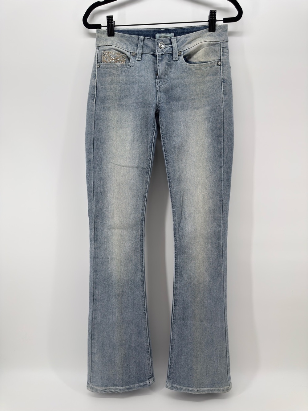 Mudd Jeans Y2K Flare low Rise Blue 1 Boho embroidered rhinestone bling